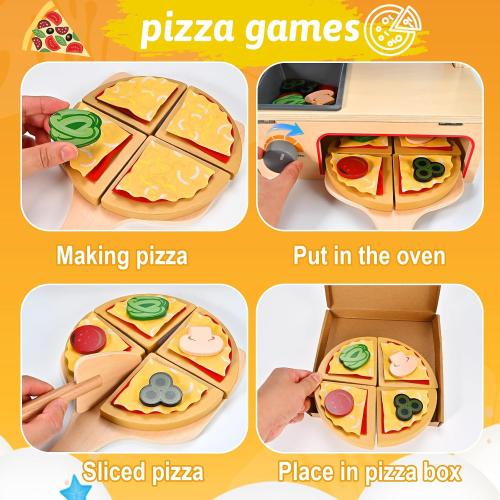Wooden Pizza Toy, Wooden Pizza Counter Playset with Bake Oven, Montessori Pretend Play Toys, Play Food and Accessories, Cooking Pretend Play Toys for Boys Girls Age 3