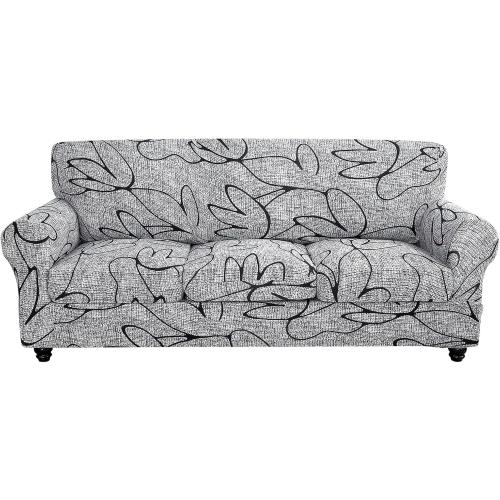 SearchI Stretch Sofa Cover Printed Couch Cover, Floral Pattern 4 Pieces Sofa Slipcover with 3 Separate Cushion Cover, Washable Furniture Protector for Living Room(Sofa, Grey Lotus White)