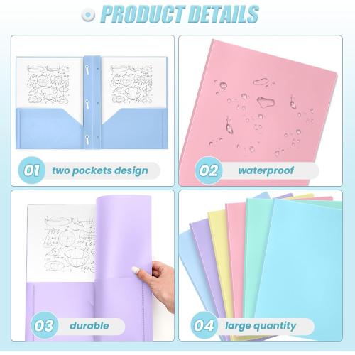 Yeaqee 12 Pcs Pastel Folders with Pockets and Prongs Plastic Folder 2 Pockets 3 Prongs with Card Slot for Office, School for Students, Teachers, Office Workers