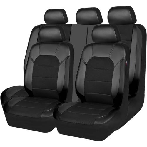 CAR PASS Leather and 3D Air Mesh Universal Fit Car Seat Covers, for Sedans,Trucks,Suvs,Airbag Compatible,Zipper Design and Reserved Opening Holes for Headrest(Full Set, Black and Black)