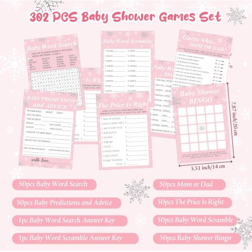 Harloon 302 Pcs Winter Snowflake Baby Shower Games, 6 Games, Pink