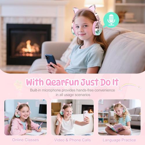 QearFun Kids Cat Ear Bluetooth Headphones, 60H, 74/85/94dB Volume Limit