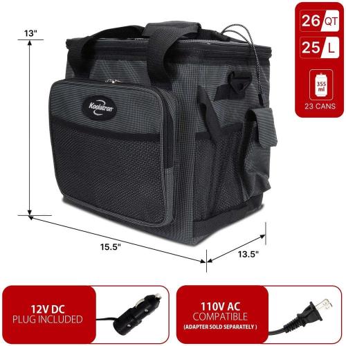 Koolatron 12V Electric Cooler Bag, 25L (26qt.) Collapsible Thermoelectric Soft Bag Cooler, Gray/Black