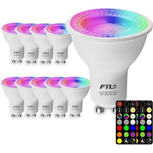 FTL GU10 LED Color Changing Light Bulb with Remote Control, RGB Dimmable Colored Light Bulbs 5W 40W Equivalent, 2700K-6000K， 30 Colors, Timer, Spotlight Bulb for Track Recessed Lighting 10-Pack