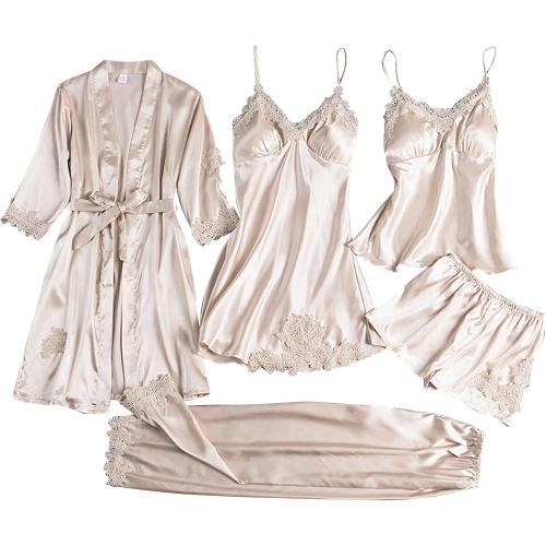 Size M 4/5pcs Silk Pajamas Set for Women Silk Lace Robe Dress Sleepwear Nightdress Pajamas Pants Set Soft Loungewear Set