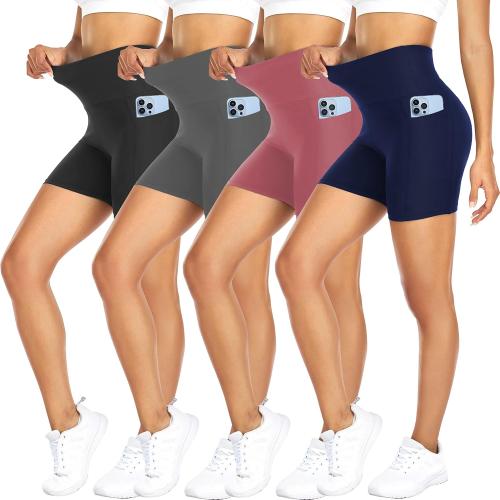 FULLSOFT 4 Pack Biker Shorts for Women with Pockets – 5 High Waisted Tummy Control Workout Yoga Running Gym Tennis Shorts