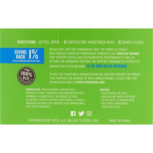 Simpleaf Aloe Vera Flushable Wet Wipes, Individually Wrapped, 30 Count