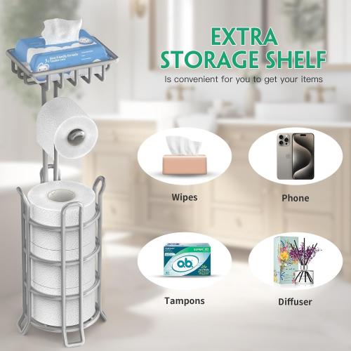 TomCare Toilet Paper Holder Free Standing with Shelf, Stable 4 Raised Feet