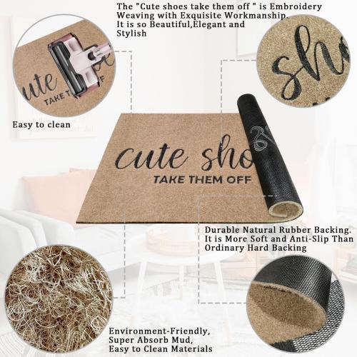 Welcome Mat for Front Door Outdoor Entryway Cute Shoes Take Them Off Indoor Mats with Rubber Backing Doormat Non Slip Easy to Clean Natural Outside Brown