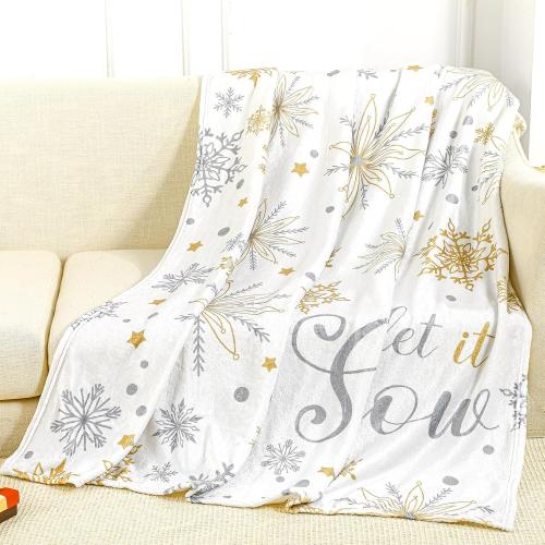 Buryeah 50'' x 60'' Winter Snowflake Throw Blanket White Let It Snow Blanket Plush Warm Gold Silver Christmas Winter Decor for Sofa Couch Bed