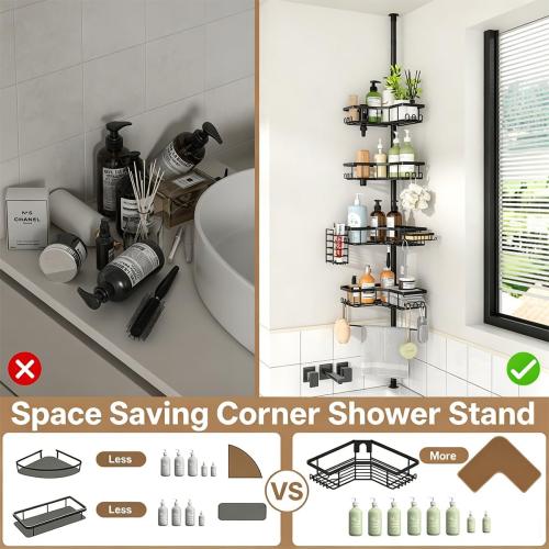 DTUQYX Corner Shower Caddy Tension Pole, 4-Tier Adjustable 43.5-120 Inch Rustproof Bathroom Organizer, L-Shaped Metal Shelf with Soap Toothbrush Holder & Upside-Down Bottle Slots for Home Apartment RV