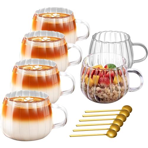 Viovian 12oz Clear Glass Coffee Mugs Set of 6 Ribbed Coffee Cups With Handles Modern Cute Glass Tea Mug Cup for Hot Beverage/Cappuccino/Latte/Cereal/Yogurt/Mocha/Milk