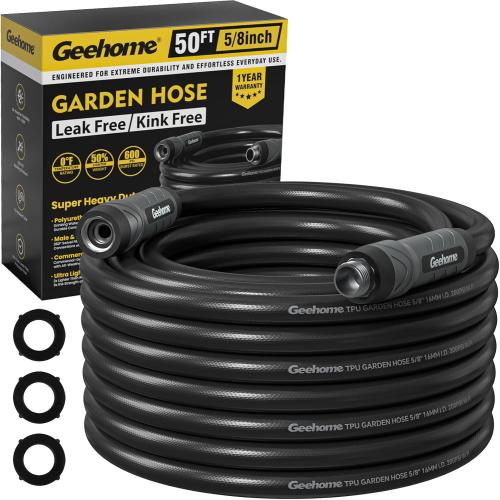 50ft Polyurethane Garden Hose, 5/8 in Lightweight Flexible Water Hose with Swivel Fittings, All-Weather, No-Kink Memory, Commercial Duty, Perfect for Home and Commercial Applications