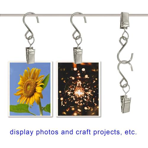 Stainless Steel S Hooks Curtain Clips, 50 Pack Hanging Party Lights Clips, Hangers Gutter Photo, Art Craft Display, 2.4 Inch Long, Silver