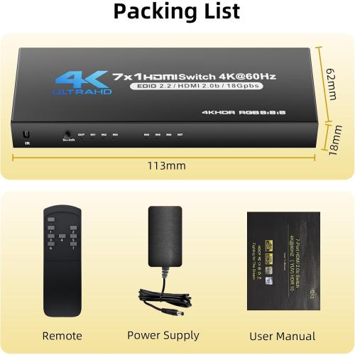 BolAAzuL 7 Port HDMI Switch 7 in 1 Out 4K@60Hz HDMI Selector Box w/Power