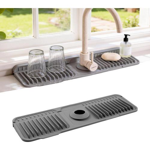 Faucet Mat for Kitchen Sink, 17.7X5.5 Silicone Sink Splash Guard with Soap Holder, Snap-On Design & 7°slope Fast Drain, Folding Sink Faucet Mat for Universal Kitchen Bathroom Sink（Grey）