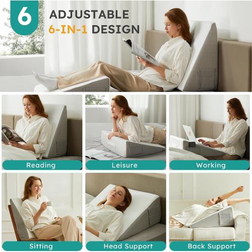 Bedluxe Wedge Pillow, 8 inch Bed Wedge Pillow for Headboard, Pillow Wedge for Acid Reflux Relief, Sleeping, After Surgery, Snoring, Gerd, Triangle Pillow Wedge - Cooling Memory Foam Top, White/Grey