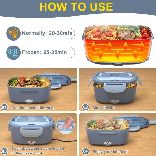 Carsolt Electric Lunch Box Food Heater - 3 in 1 Portable Leakproof Heated Lunch Box for Car/Home/Adults with 1.5L Removable 304 Stainless Steel Container, 60-80W, 12V/24V/110V (Blue)