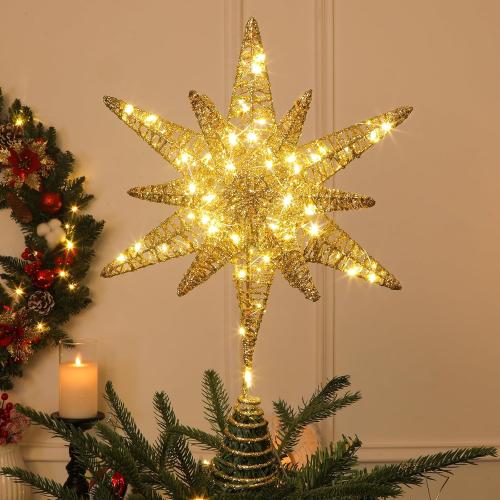 15 Inch Christmas Tree Star Topper with 60 LED Timer Lights & Remote, 18-Point USB Powered Lighted Gold Moravian Star Tree Topper for Indoor Holiday Party Xmas Tree Decoration