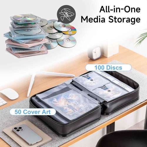 SANWA CD DVD Case Holder - 100 Capacity & 50 Booklet Insert, Portable Blu-ray Binder with Handle & Zipper, EVA Protect Disc Wallet Media Storage for Car, Home, Office, Game Discs, Audio Music, Black