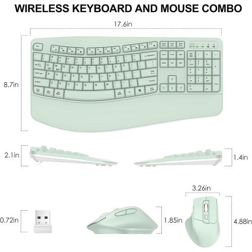 Wireless Keyboard and Mouse Combo, 2.4G Ergonomic Wave Key(Avocado Green)