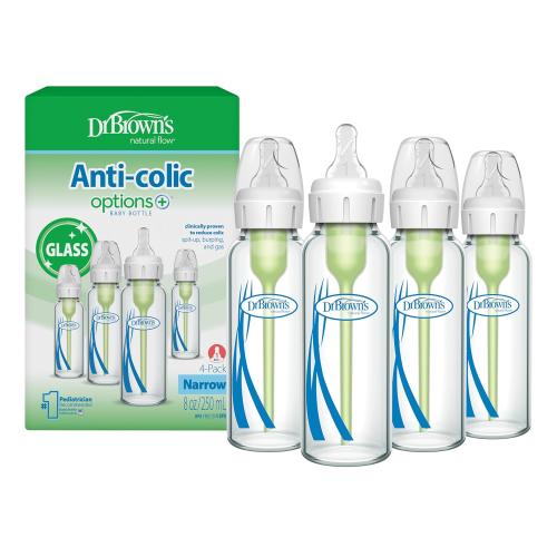 Dr. Brown's Anti-Colic Options  Narrow Glass Baby Bottle with Level 1 Slow Flow Nipple, BPA-Free, 8 oz/250 mL, 0m , 4-Pack (Packaging May Vary)