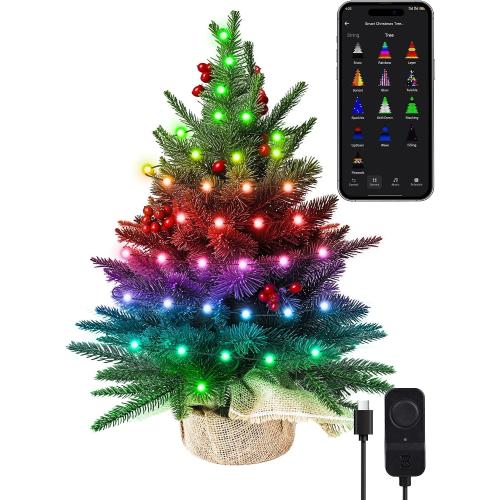 Brizled Smart Mini Christmas Tree, 22.8in DIY Smart-Lit Tabletop Tree with 75 LED RGB Lights, App/Voice Control 159  Scenes Mini Xmas Tree USB C Music Small Tree Work with PD Power for Fireplace Desk