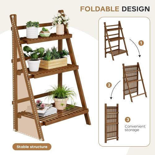 39.4 Bamboo Ladder Shelf Plant Shelf, 3 Tier Foldable Ladder Flower Pot Display Shelf Rack, 23.6W x 15D x 39.4H, Freestanding Bookshelf for Garden, Balcony, Yard, Patio, Lawn, Living Room, Walnut