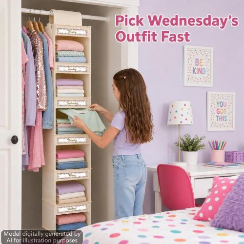 2 Pack 6 Shelf Weekly Clothes Organizer for Kids Hanging Daily Closet Organization White Background Colorful Confetti Decoration with Days of The Week Monday Through Friday Weekend Cards(Beige)