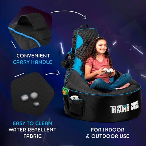 Throne Boss Gaming Bean Bag Chair Cover for Kids with High Back, Blue – Floor Gaming Chair Cover, Easy to Clean Fabric, Large Side Pockets, Headphone Hanger, Requires 200 Liters Polystyrene Beans