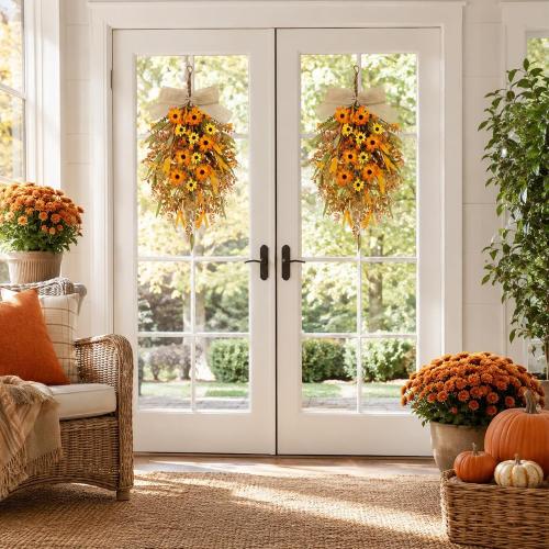 2 Pcs 24 inch Artificial Fall Swag Autumn Floral Teardrop Swags for Front Door Farmhouse Kitchen Cabinet Wreaths with Ribbon for Porch Wall Window Decor