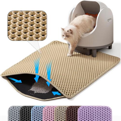 Cat Litter Mat, Double Layer Honeycomb Cat Litter Trapping Mat, Non Slip Waterproof Urine Proof Cat Litter Box Mat for Floor, Kitty Litter Rug, Cat Supplies, Beige, 24x18 Inches