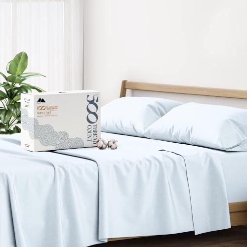 Mayfair Linen 100% Cotton Bed Sheets Queen Sheet Set - 500 Thread Count Sheets Queen Size 4 PC Set (Light Blue), Soft, Cooling, Hotel-Quality 16 Deep Pocket Sateen Cotton Bedsheet for Hot Sleepers