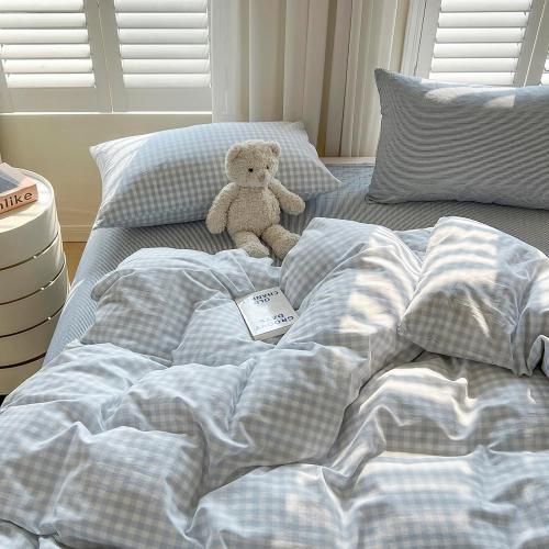 LifeTB Blue Gingham Comforter Set Queen Size Modern Style Plaid Checkered Comforter with 2 Pillowcases Fluffy Soft Grid Bedding Set Farmhouse Gingham Bedding Comforter Set for All Seasons
