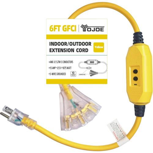 YOJOE 6 Foot GFCI Yellow Extension Cord,Lighted Outdoor 12/3 Cord with 3 Power Outlets,12 Gauge 3 Prong SJTW Heavy Duty Extension Cable with 3 Prong Grounded Plug for Safety,UL Certified