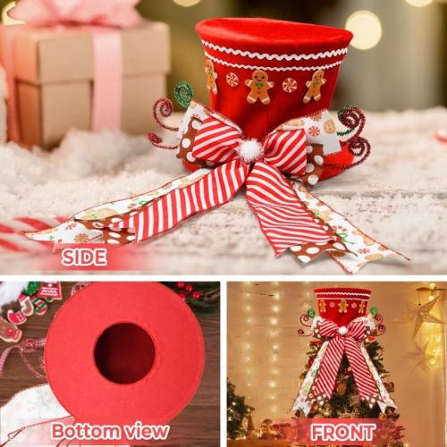 Gingerbread Christmas Decorations Indoor, Red Velvet Christmas Tree Top Hat with Gingerbread Man Motif, Baking-Themed Gingerbread Man Tree Tooper Hat Decor, Candy Cane Christmas Decorations