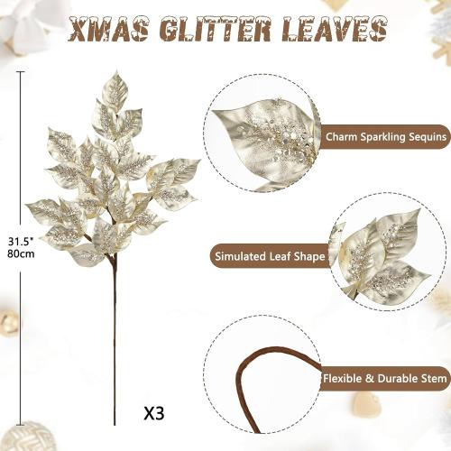 Christmas Tree Picks and Sprays 31.5 Champagne Atrificial Elm Leaves with Stems 3 Pcs Christmas Picks for Tree Champagne Vase Fillers for DIY Xmas Trees Wreath Centerpieces Wedding Bouquet Decor