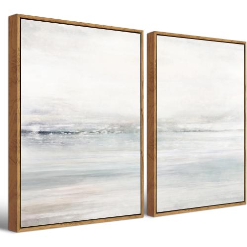 Gardenia Art Framed Wall Art Set Abstract Ocean Beach Canvas Wall Decor Nature Shore Horizon Pictures Modern Decorative Coastal Seascape Artwork for Bedroom Bathroom Home Office 12x16x2 Natural