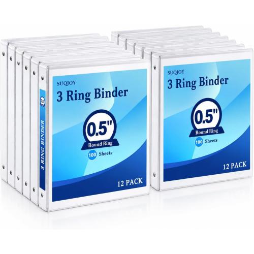 Durable 1/2 Inch 3-Ring Binder, 0.5-inch Round Ring Binder with 2 Inside Pockets, 12 Pack White Binders, Clear View CoverBinder Holds 8.5'' x 11''Paper for Office/Home/Back to School