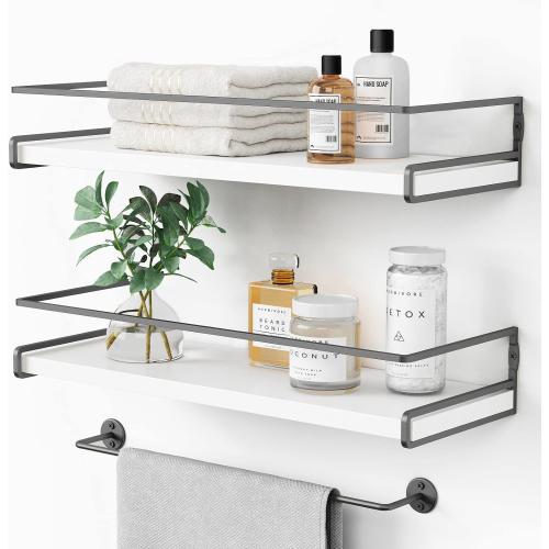 Forbena White Floating Shelves for Bathroom Organizer Over Toilet, Bathroom Shelves Wall Mounted with Towel Rack, Corner Wall Shelf for Bedroom Decor Kitchen Storage (White-Dark Grey, Set of 2)