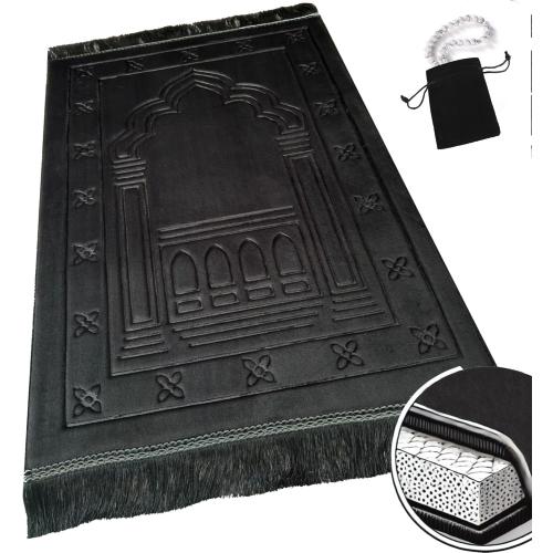 Islamika Orthopedic Prayer Rug Memory Foam Muslim Prayer mat - Padded Very Thick Prayer Rug Sajadah for Men Women for Eid Travel Ramadan, Soft and Luxury (Black) (Black)