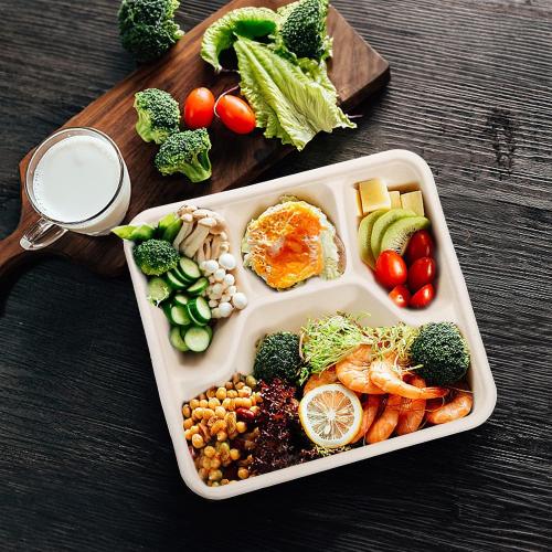 TOPZEA 50 Pack 4 Compartment Disposable Paper Plates, 9.4x 8.6 Compostable Deep Divided Plates Heavy Duty Bagasse School Lunch Tray, Sugarcane Sectional Plate Food Containers for Dinner Buffet Party
