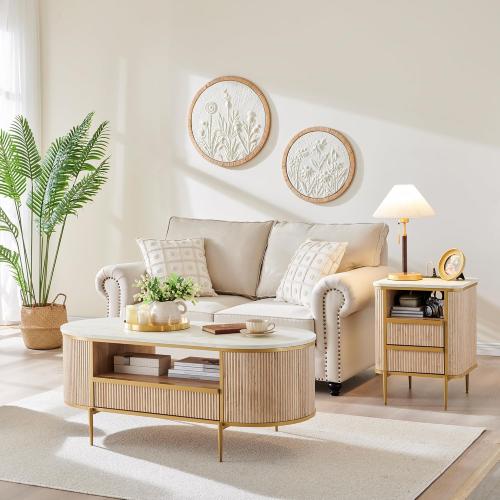 Modern Luxury Fluted Coffee Table, 48 Oval Coffee Table with Drawer, Faux Marble Top, Curved Profile Design, Gold Metal Decor, Center Table for Living Room Natural Oak