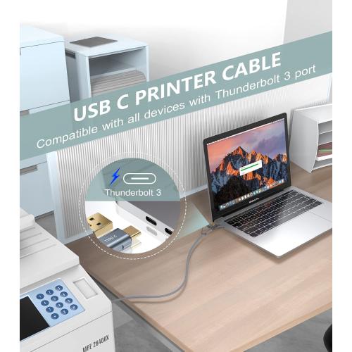 Printer Cable 2-in-1 USB-A/C to USB-B Cable High Speed Braided 6.6ft Grey