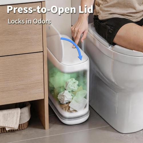 Small Bathroom Trash Can with Lid, 2.3 Gallon Slim Trash Can, Narrow Garbage Can with Hidden Liner & Auto-Smooth Bag Fit, Press-to-Open Lid, White, for Bathroom, Bedroom, Office, Kitchen