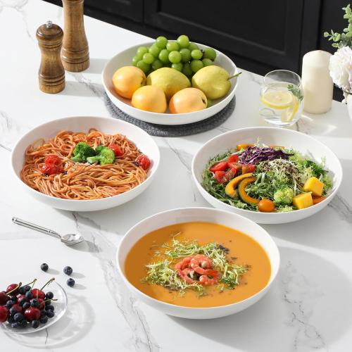 MALACASA 10 Large Pasta Bowls Set of 4, 56 OZ Wide and Shallow Salad Bowls Soup Bowls, Porcelain White Serving Bowls, Kitchen Bowl Plates Pasta Plates, Microwave & Dishwasher Safe, Series REGULAR
