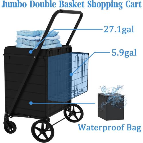 Heavy Duty Folding Shopping Cart for Groceries, Jumbo Grocery Carts with 360° Swivel Wheels, Waterproof Bag, Portable Utility Trolley for Daily, Laundry, Holds Up to 320 LBS