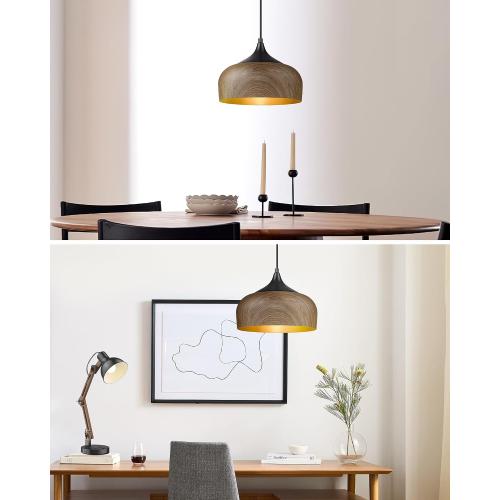 ELYONA Modern Bauhaus Pendant Light Walnut Wooden Pattern Dome Pendant Light Fixture Matte Black Metal Gold Inner Adjustable Hanging Lighting for Kitchen Island Dining Room Office Hallway Bedroom