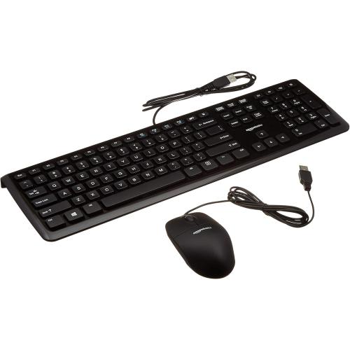Black Amazon Basics Wired Keyboard and Mouse Bundle, Full-Sized, QWERTY Layout, Black