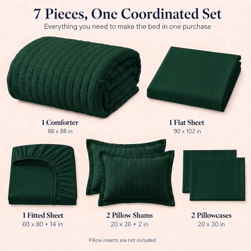Comforter Set, 5 Pieces Emerald Green Seersucker Bed in a Bag